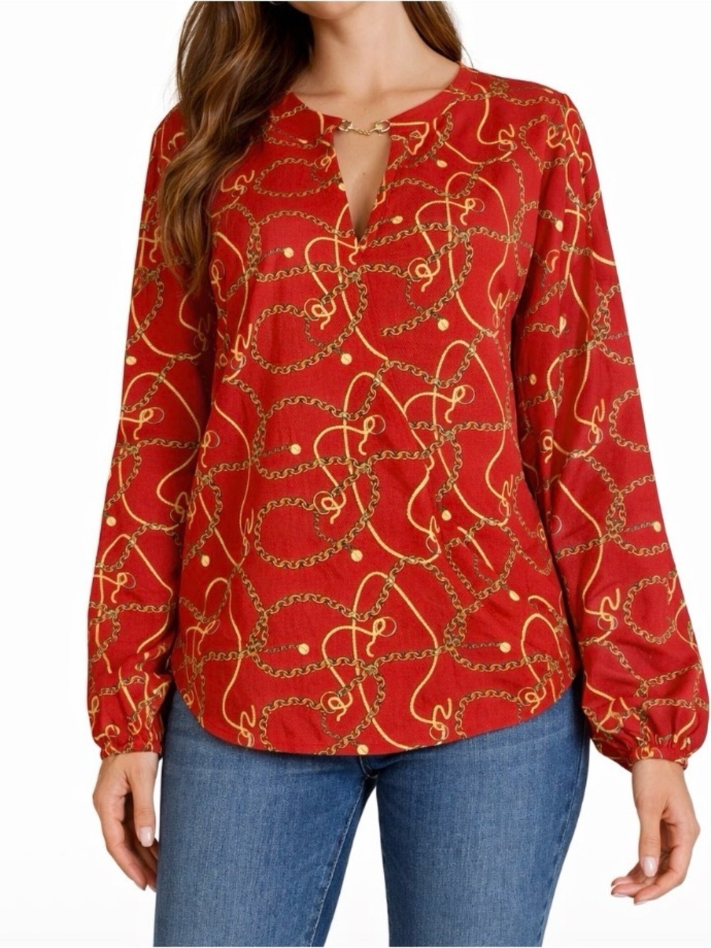 Marc New York orange/Red Chain-Print Long-Sleeve Women's Blouse NEW SZ LG